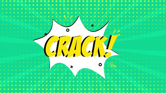 A comic strip cartoon animation, with the word Crack appearing. Green and halftone background, star shape effect