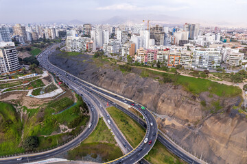 Aerial view of La Costa Verde and the Miraflores boardwalk in Lima.