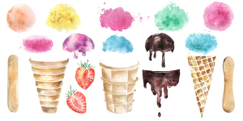 Create ice cream clipart. Multi-colored ice cream balls, waffle cones, wooden sticks.