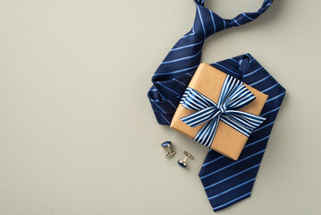 Father's Day concept. Top view photo of craft paper gift box with striped ribbon bow blue tie and cufflinks on isolated pastel grey background