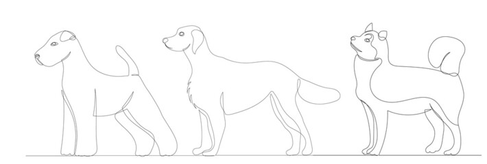 dogs drawing in one continuous line, sketch, isolated, vector