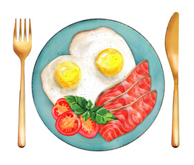 Breakfast with fried eggs and smoked salmon in a plate