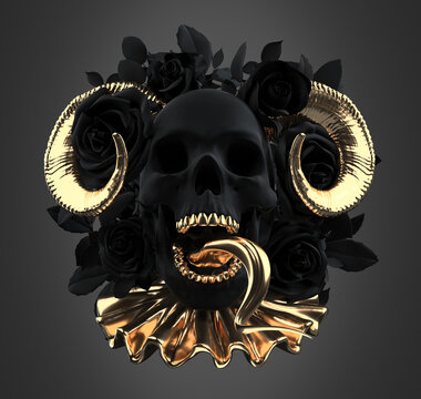 Concept illustration 3D rendering of scary dark skull with golden goat horns, snake tongues out and gold teeth surrounded by a dark black roses wreath with leaves isolated on grey background.