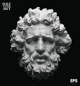 Vector white dot halftone mode illustration of classical head sculpture of bearded old man from 3d rendering isolated on black background. 