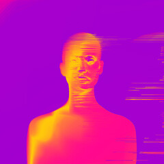 Abstract Glitch Art illustration from 3D rendering in corrupted CRT TV and VHS style and pixel sorting effect of a frontal female bust figure with bright psychedelic vaporwave colors.