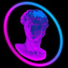 Abstract illustration from 3d rendering of classical marble male head sculpture in vaporwave style colors illuminated by a pink and blue neon halo ring and isolated on black background.