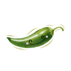 Watercolor cute green chilli cartoon character. Vector illustration.