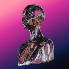 Abstract illustration from 3D rendering of chrome metal reflecting female bust isolated on vaporwave colors style gradient background. - obrazy, fototapety, plakaty