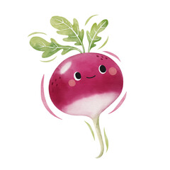 Watercolor cute radish cartoon character. Vector illustration.