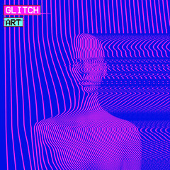 Vector abstract glitch art illustration from 3D rendering of frontal bust of a female figure in corrupted CRT TV oscillator pink line halftone on blue background in vaporwave style.