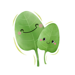 Watercolor cute spinach leaves cartoon character. Vector illustration.