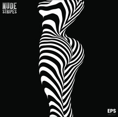 Vector abstract black and white zebra stripes illustration from 3D rendering of a nude woman's sexy body back  isolated on black background.   © Rrose Selavy
