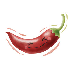 Watercolor cute red chilli cartoon character. Vector illustration.