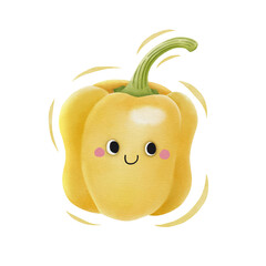 Watercolor cute yellow bell pepper cartoon character. Vector illustration.