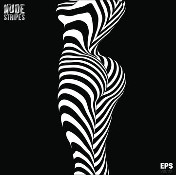 Vector abstract black and white zebra stripes illustration from 3D rendering of a nude woman's sexy body back  isolated on black background.  