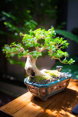 Mini bonsai tree in the flowerpot on bonsai stand a natural background - 507469517