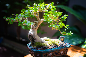 Mini bonsai tree in the flowerpot on bonsai stand a natural background - 507469523