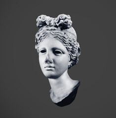 Monochrome grayscale digital illustration from 3D rendering of classical female head bust isolated on black background.