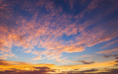 Colorful sunset sky in the morning with yellow, orange sunrise clouds fluffy 