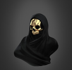 Concept illustration 3D rendering of veiled black scary figure with golden skull mask isolated on grey background in dark art style.