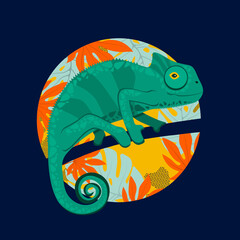 Cute green chameleon walking on tree branch,  vector illustration.