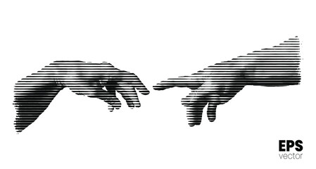 Vector illustration of hands reaching out for touch in black horizontal line halftone vintage style design isolated on white background. - obrazy, fototapety, plakaty