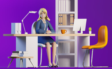 Fototapeta na wymiar Successful business woman in her office working. 3D rendering illustration business concept