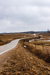 Fototapeta premium Vertical photo of wavy tarmac road framed with brown meadows at early spring. Vintage countryside small drive curves as snake at foggy grey day. Gray asphalt path near Ergli, Latvia in rainy day. 