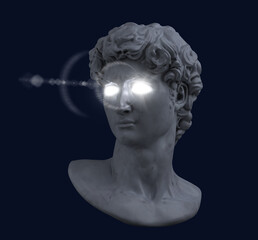 Concept illustration of marble classical head bust sculpture from 3D rendering with light illuminated shining white eyes isolated on background.