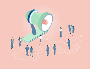 Business people listening megaphone, Giving advice, control, help, order concept,  Isometric working environment, infographic illustration.