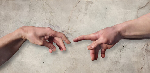 Hands reaching. Digital illustration of photographic hands with drop shadow on old cracked plaster wall background. - obrazy, fototapety, plakaty