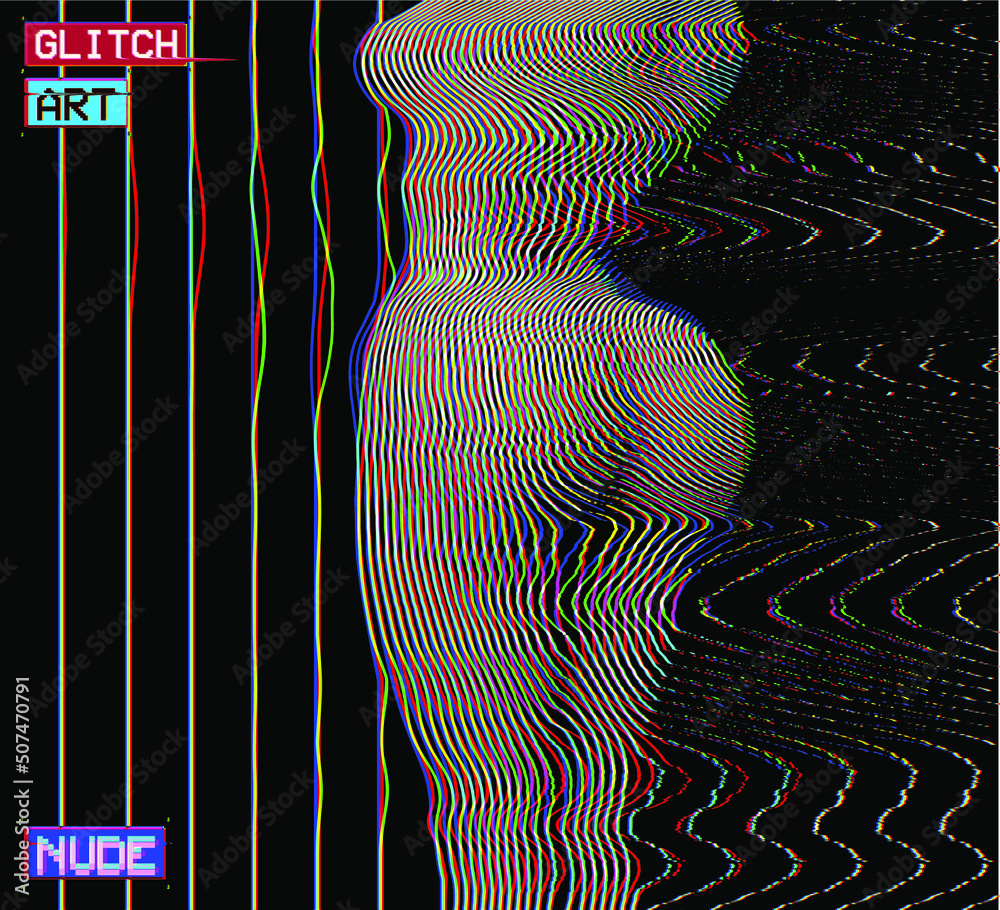 Wall mural Vector abstract RGB color glitched oscillator line halftone pattern illustration from 3D rendering of a nude woman's sexy body back on black background in the style of CRT TVs and corrupted graphics.