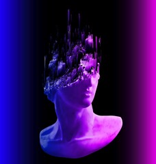 3D rendering illustration of a broken marble fragment of classical head sculpture in pink and blue vaporwave design style.