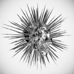 Abstract illustration from 3d rendering of metallic screaming skull with exploding spike rays in black and white monochrome tones.