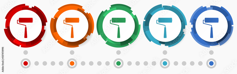 Aufkleber Paint roller concept vector icon set,  modern design abstract web buttons in 5 color options, infographic template for webdesign and mobile apps