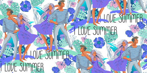 Seamless abstract pattern of a cheerful young couple. Summer vacation. Artistic backgrounds perfect for prints, flyers, banners, invitations, textiles, fabric, packaging.