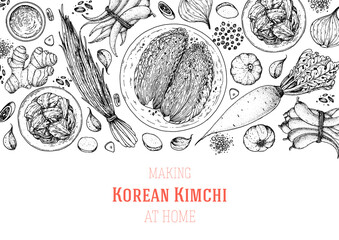 Kimchi cooking and ingredients for kimchi, sketch illustration. Korean cuisine frame. Healthy food, design elements. Hand drawn, package design. Asian food