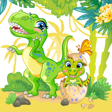 Illustration with cute tyrannosaurus dinosaurs in nature vector