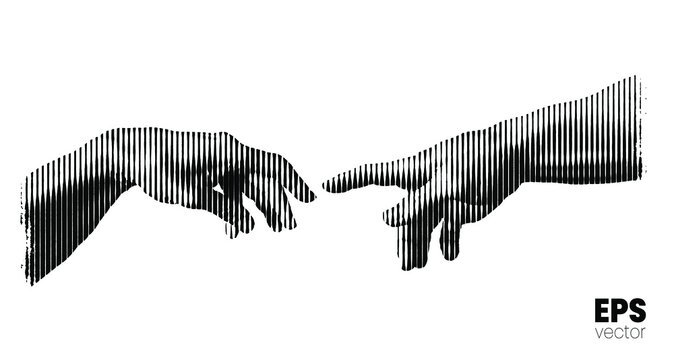 Vector illustration of hands reaching out for touch in black vertical line halftone vintage style design isolated on white background.