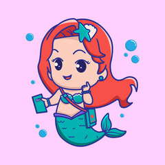 cute mermaid carrying book and bag, for kids fashion artworks, children books, greeting cards.