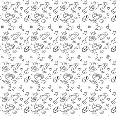 Cute cartoon line art nature seamless pattern on a isolate white  background. Sketch for coloring. Coloring antistress.Doodle illustration freehand drawing.Texture to decorate invitations