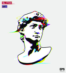 Glitch Art. Vector RGB offset color glitch mode illustration in flat minimalist logo style icon of classical male head sculpture isolated on background.