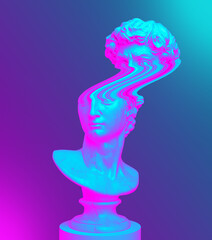 Abstract concept illustration of pink and blue vaporwave style pixel stretched glitch of male classical bust from 3d rendering isolated on background.