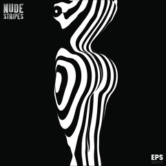 Vector abstract black and white zebra stripes illustration from 3D rendering of a nude woman's sexy body back  isolated on black background.  