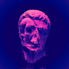 Glitch pixel sorting colorful illustration of half skull classical sculpture head from 3D rendering in the vaporwave colors palette style isolated on background.