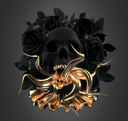 Concept illustration 3D rendering of scary dark skull with golden snake tongues out and teeth surrounded by a dark black roses wreath with leaves isolated on grey background.