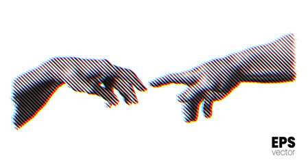 Vector illustration of hands reaching out for touch in RGB color offset tilted line halftone vintage style design isolated on white background. - obrazy, fototapety, plakaty