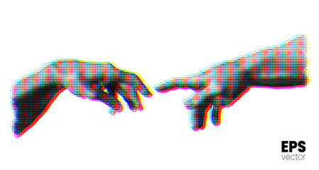 Vector illustration of hands reaching out for touch in RGB color offset dot halftone vintage style design. - obrazy, fototapety, plakaty