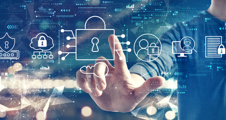 Data Security concept with a man on blurred city background