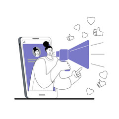 The girl shouts into a megaphone on her phone and calls subscribers to her account. Concept of a vector illustration on the topic of promotion in social networks.
